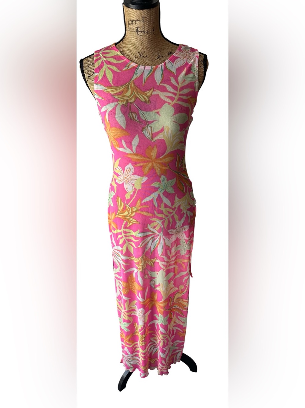 Derek Heart Pink Tropical Floral Swim Cover Up Dress Sz Small Side Tie Slits